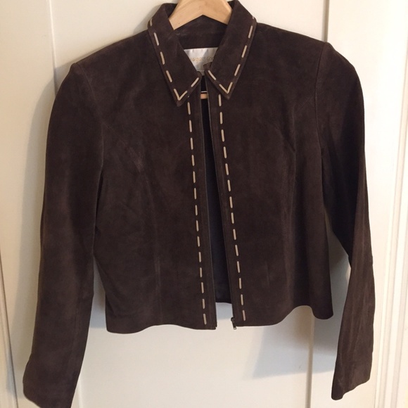 Chocolate suede jacket w/ tan thread detail - Picture 1 of 3